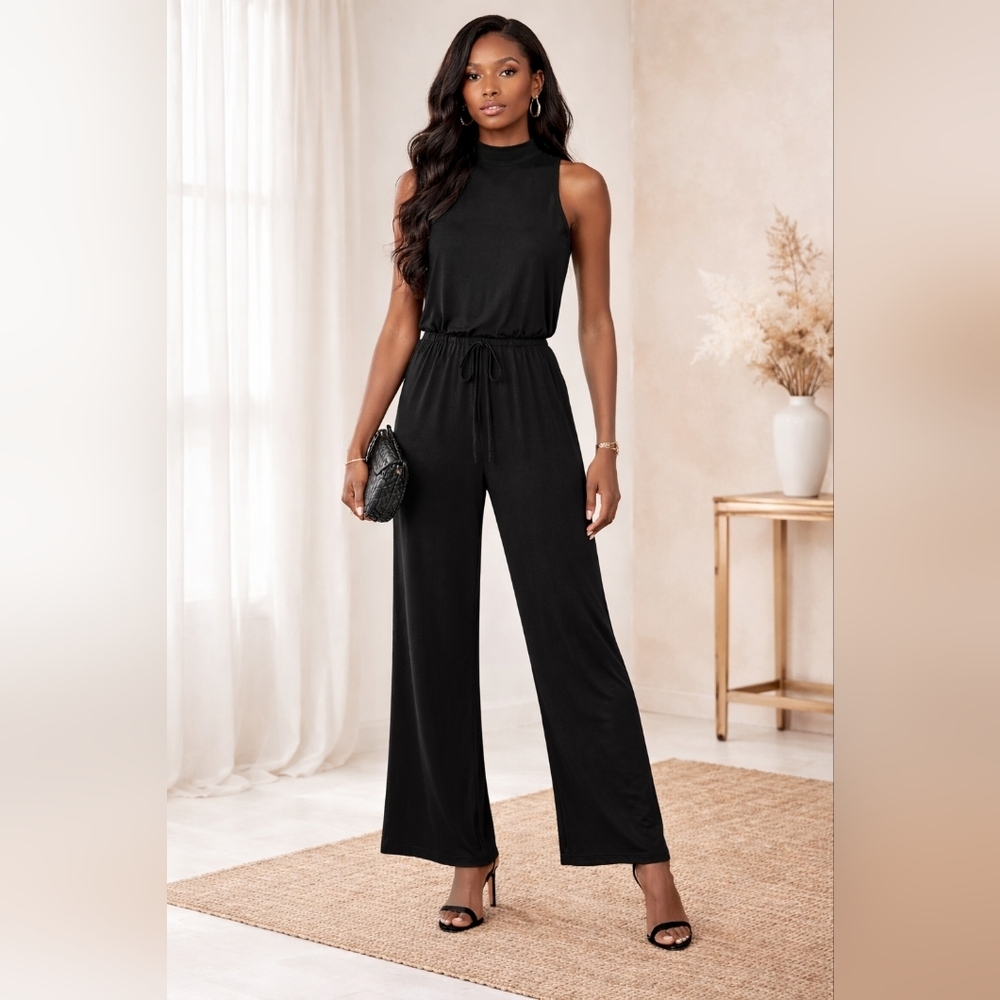 Lanston Black Sleeveless Wide Leg Jumpsuit Size L NWT Revolve MockNeck